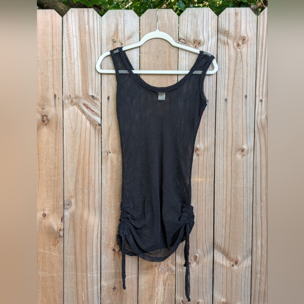 Y2K Nyc black mesh mini dress tunic tank sleeveless sheer swim coverup